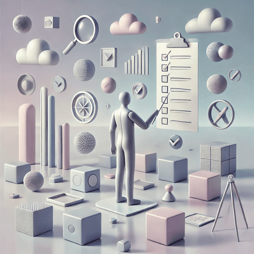  A surreal, 3D-rendered image with a light, pastel color palette. In the center, a minimalist, faceless human figure stands in front of a giant clipboard with a completed checklist