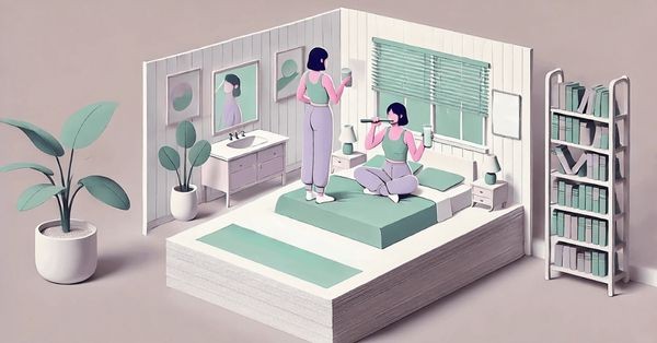 A surreal, 3D-rendered image with a light, pastel color palette. In the center, a minimalist, two faceless human figures stand in a bedroom doing healthy habits