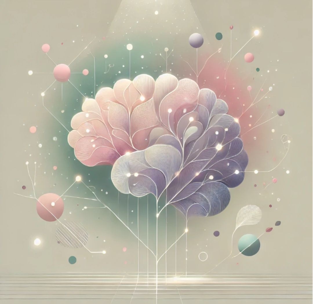 A stylized, abstract image of a human brain rendered in soft pastel colors (pink, lavender, mint green) emerging from a tree-like network of glowing white lines and nodes, suggesting concepts like connection, thought, technology, or creativity.