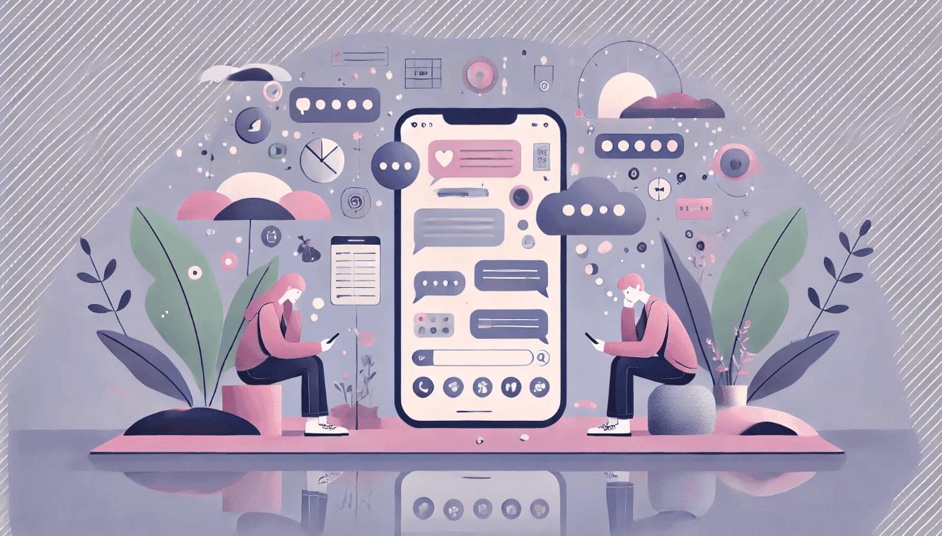 Abstract illustration of two people texting with a large smartphone and various chat symbols around.