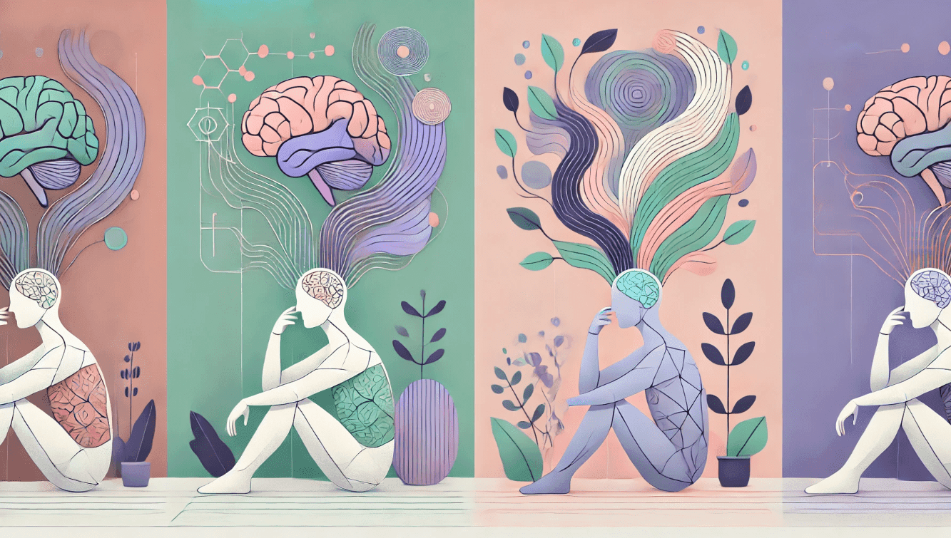 Abstract illustration of four seated figures with vivid, artistic representations of brains and thoughts flowing outwards.